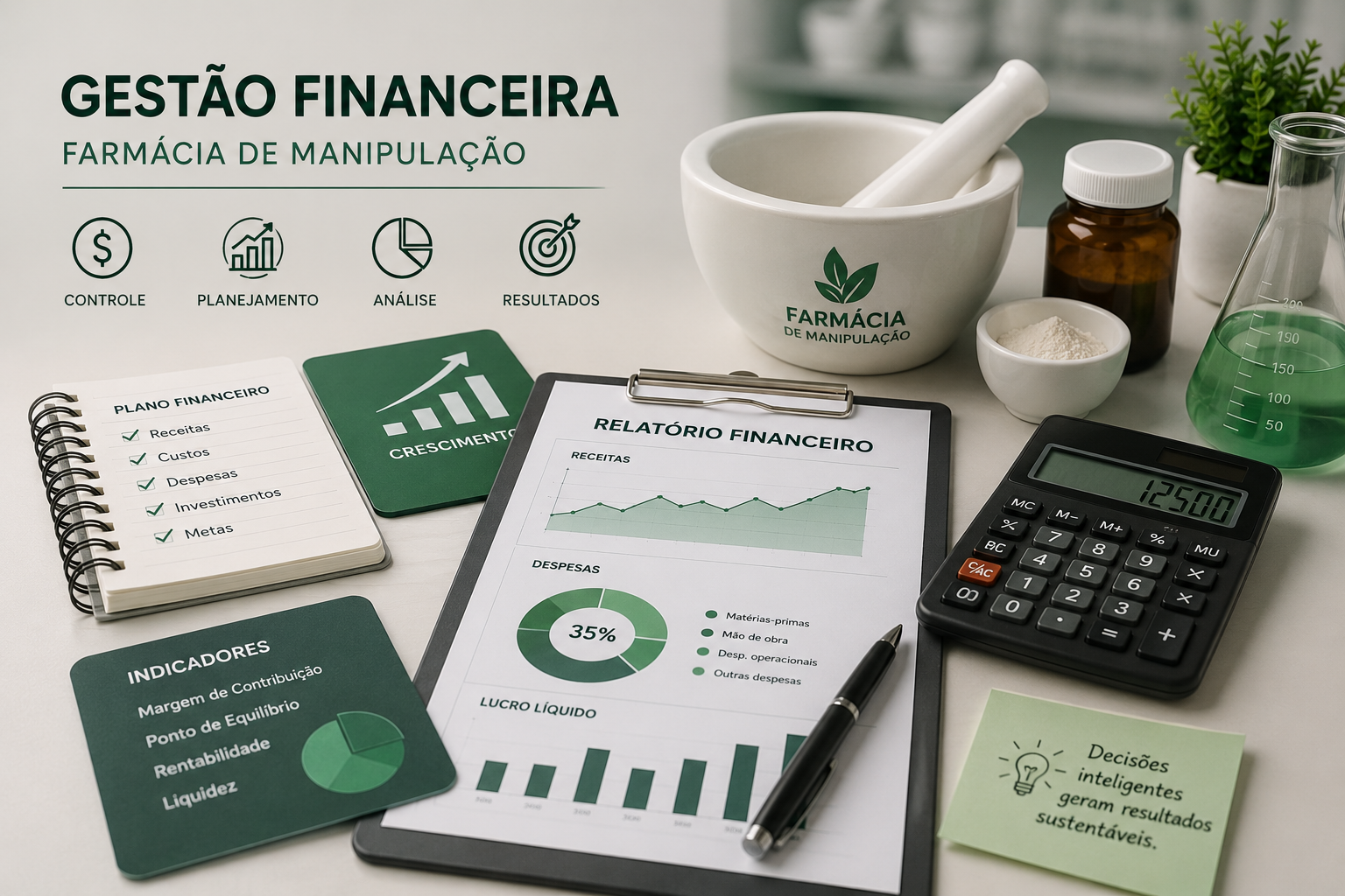 Gestor analisando indicadores financeiros em farmácia de manipulação